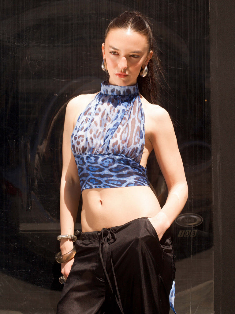 Silk Halter Top - Blue Leopard