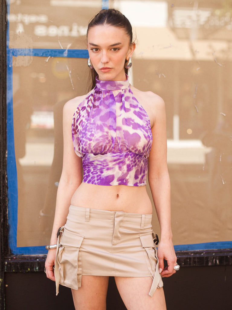 Silk Halter Top - Purple Leopard