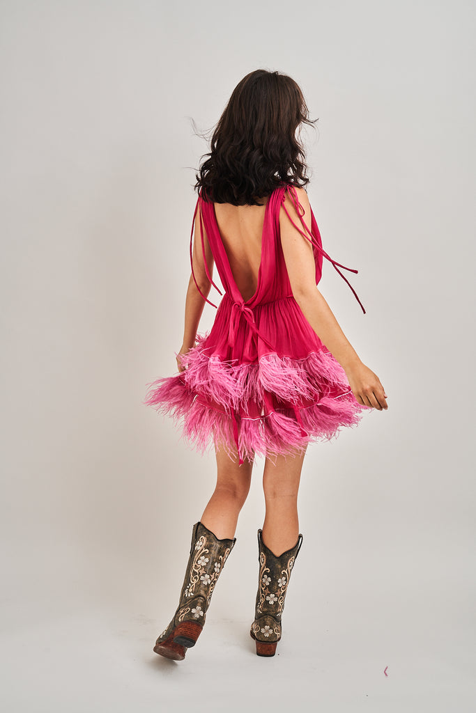 Two Tier Feather Dress - Magenta