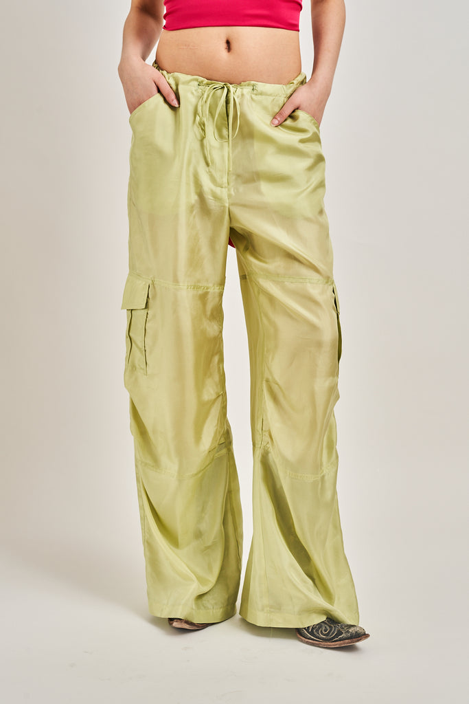 Silk Cargo Pants - Lime Green