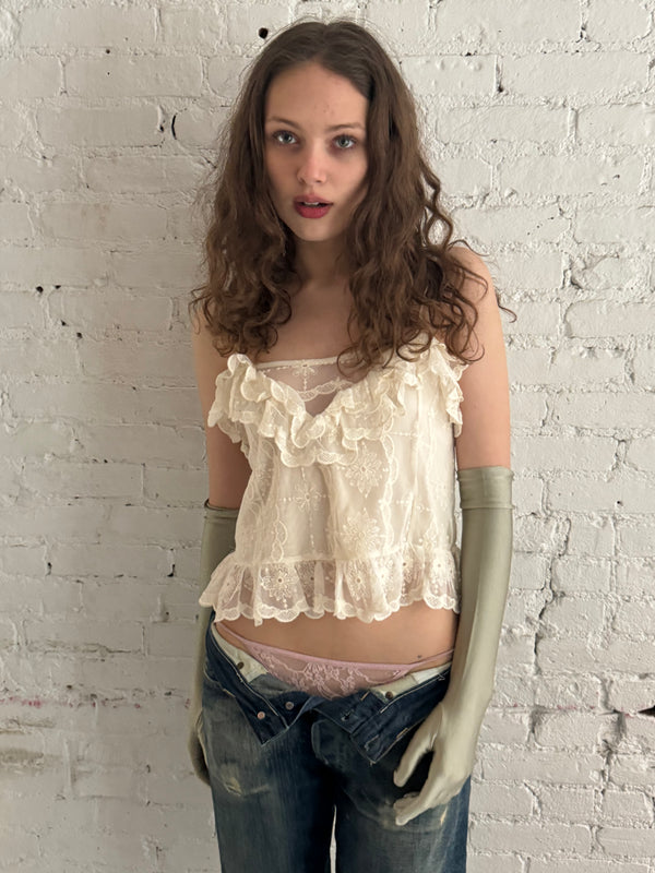 Vintage Off White Ruffled Tank