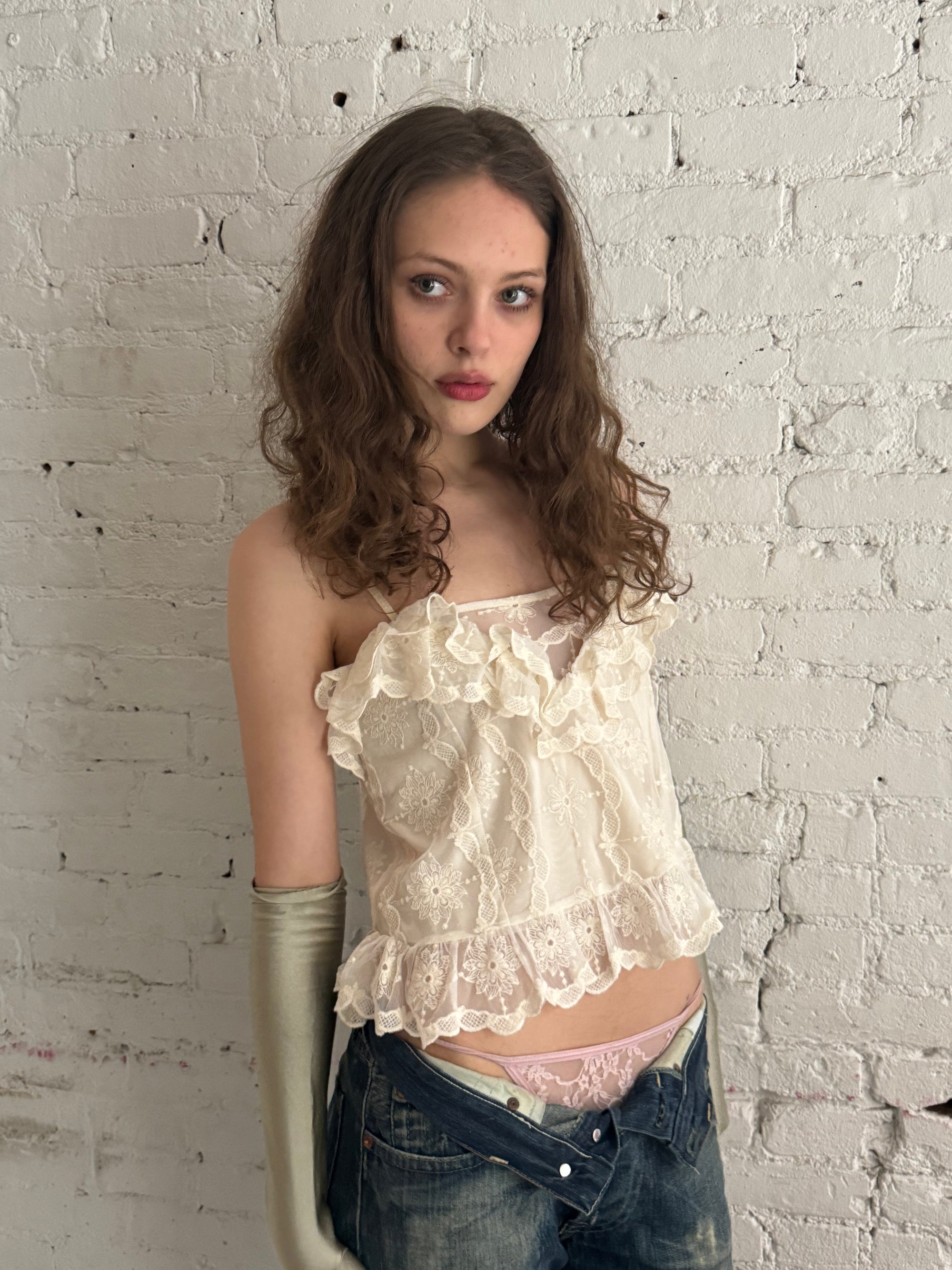 Vintage Off White Ruffled Tank