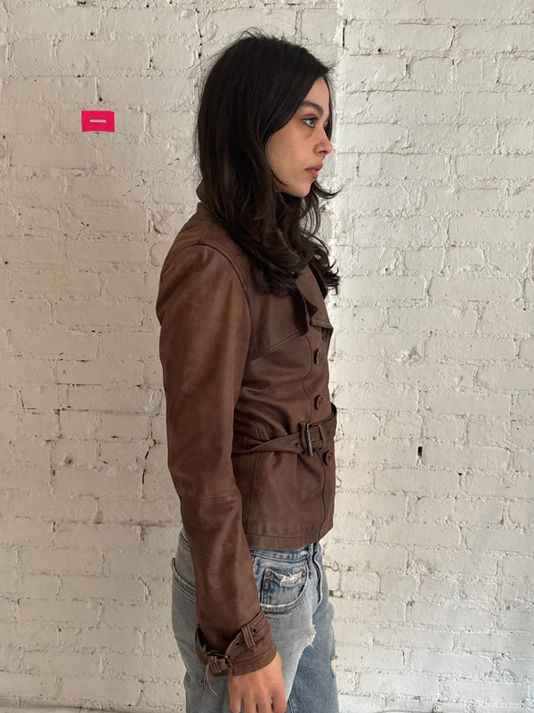 Vintage French Belted Leather Jacket