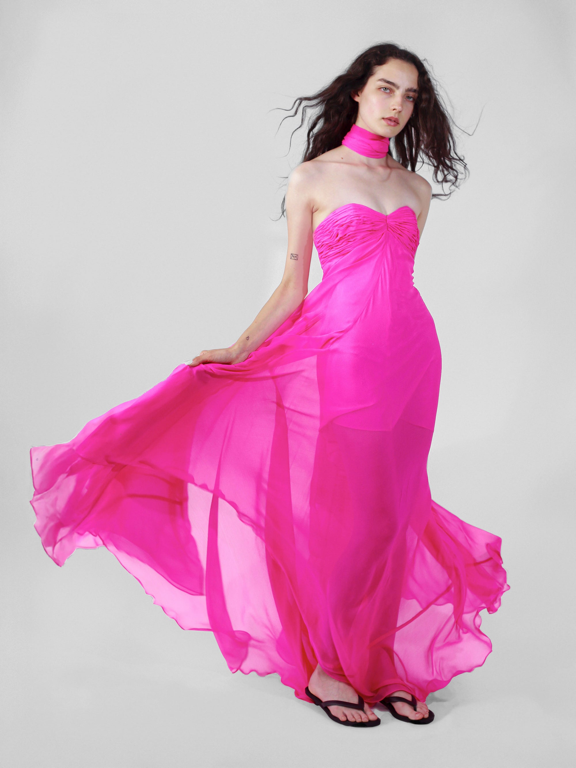 sheer hot pink dress Johnathan Kayne 3019 Size 6 Hot Pink Sheer Corset Prom Dress Lace Sleeves pleated Ballgown Strapless