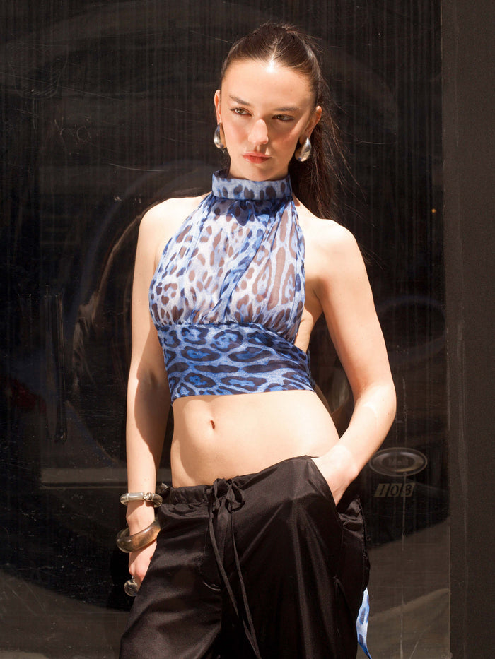 Silk Halter Top - Blue Leopard