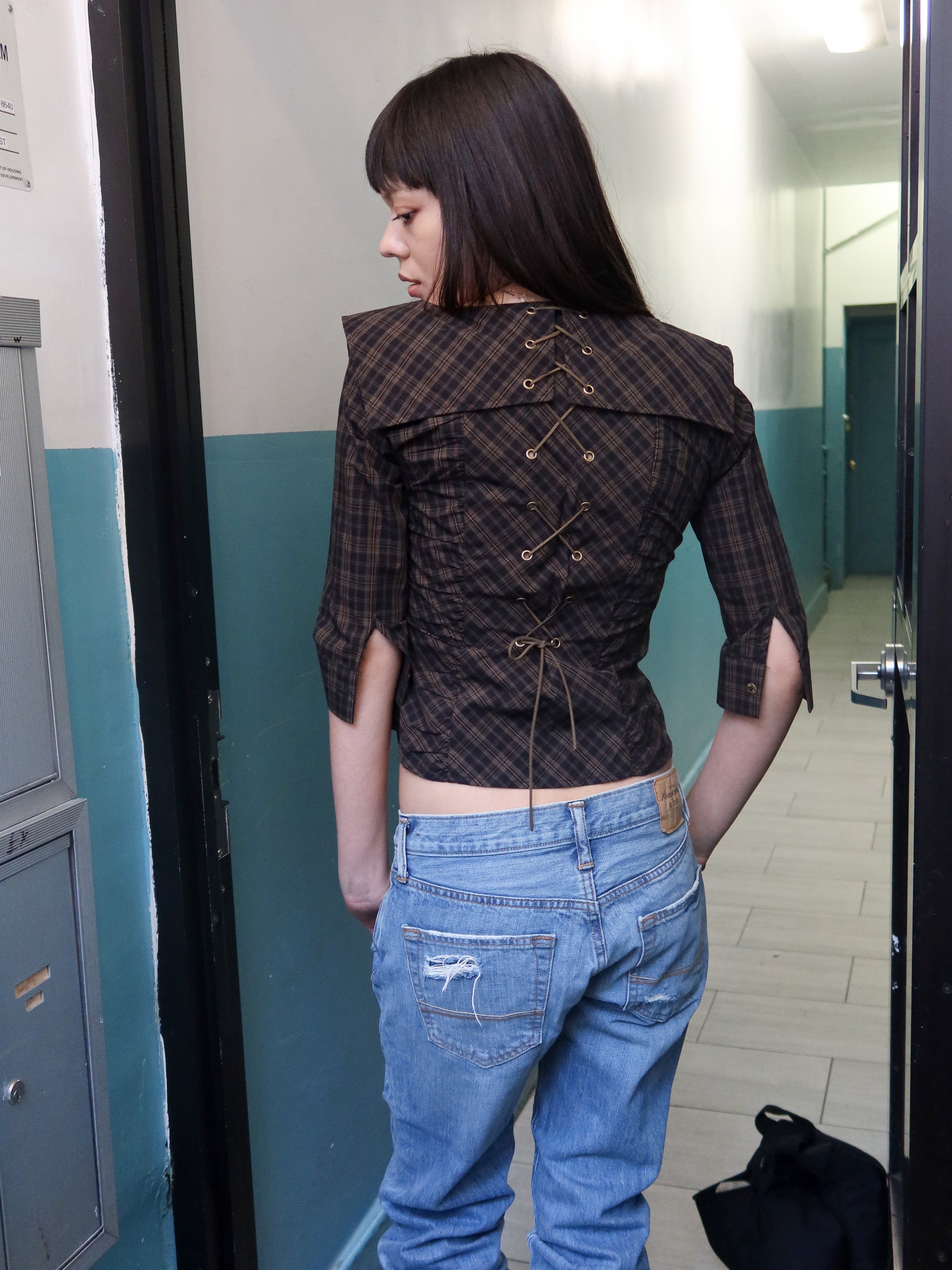 Vintage Cinched Plaid Top