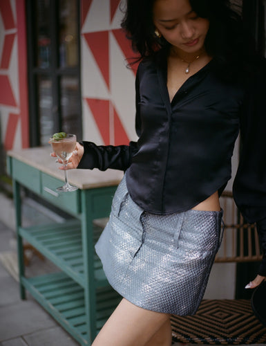 Low Rise Belted Mini Skirt - Quilted Silver