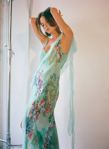 Yvonne Ruffle Midi Dress - Aqua Floral