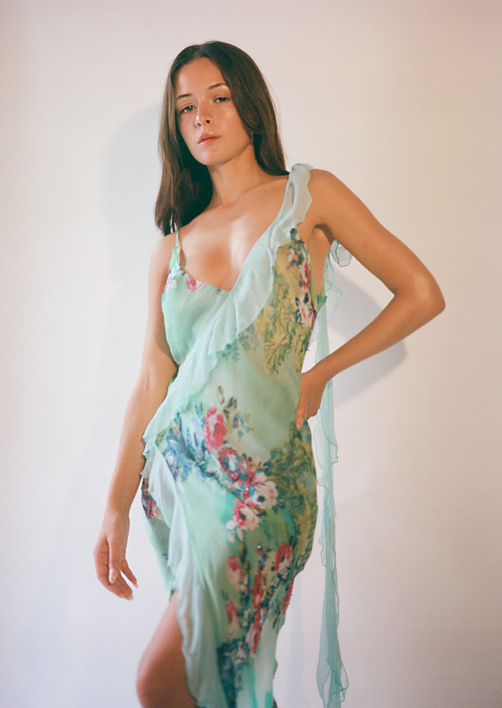 Yvonne Ruffle Midi Dress - Aqua Floral