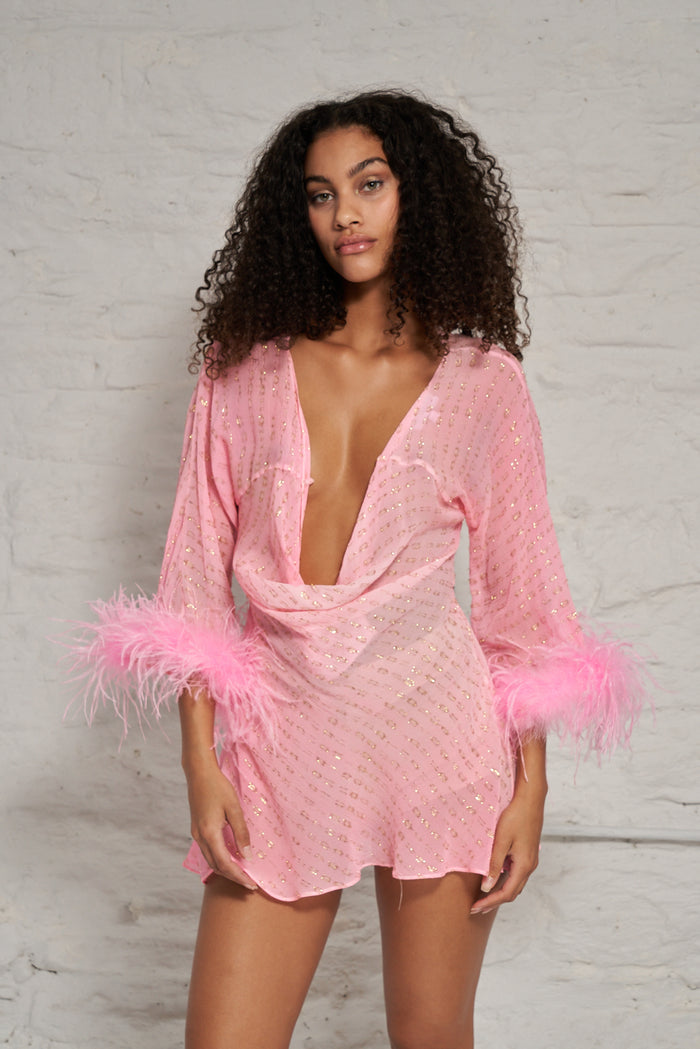 Cowl Neck Feather Dress - Pink & Gold