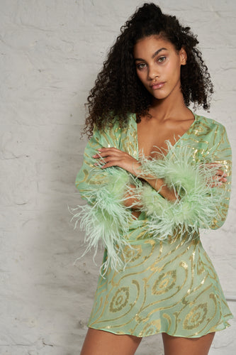 Cowl Neck Feather Dress - Green & Gold