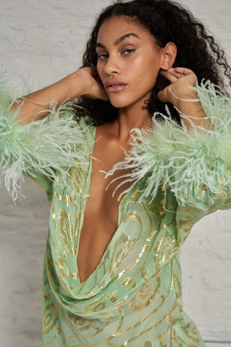 Cowl Neck Feather Dress - Green & Gold