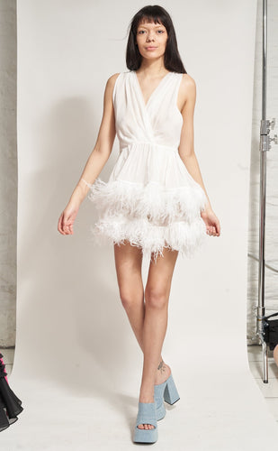 Two Tier Feather Dress - White