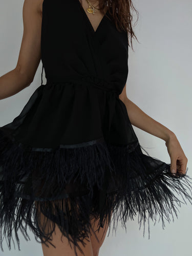 Two Tier Feather Dress - Black